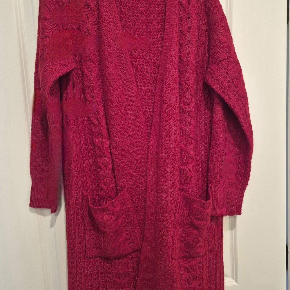 Nina Leonard Vibrant Red 3/4 Length Cable Knit Cardigan